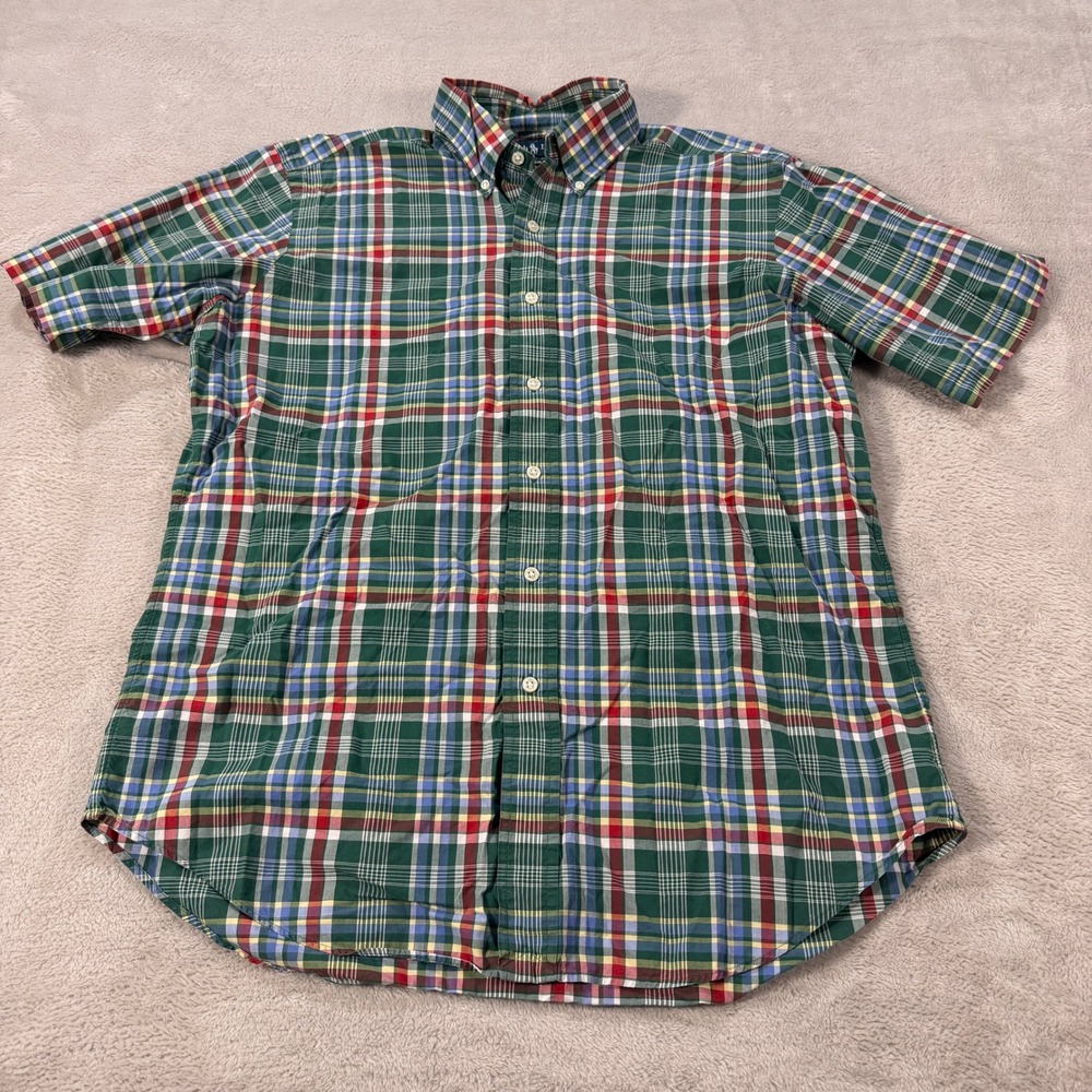 Ralph Lauren Mens Medium Classic Fit Plaid Short Sleeve Button Down Shirt Green